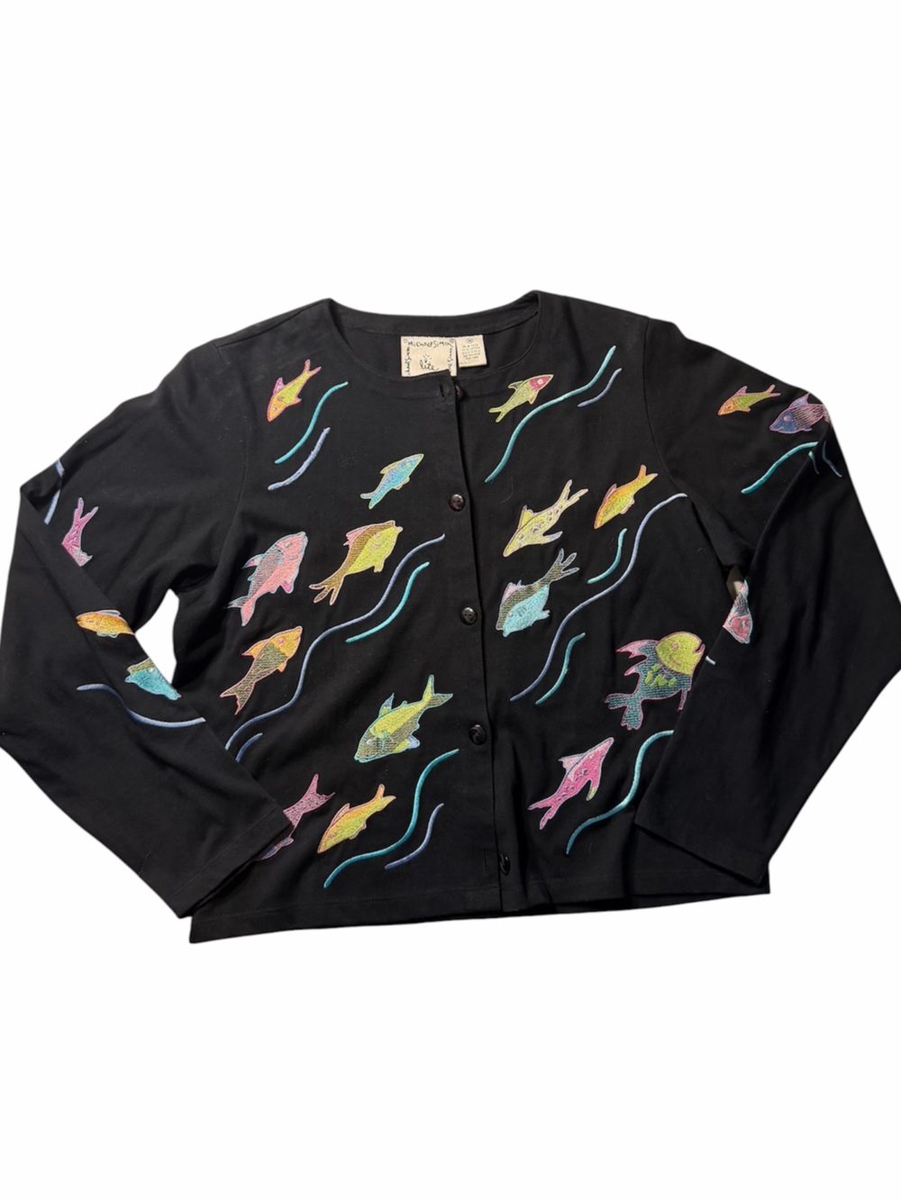 Michael Simon | Vintage Embroidered Vibrant Fish Kidcore Black Cotton Cardigan